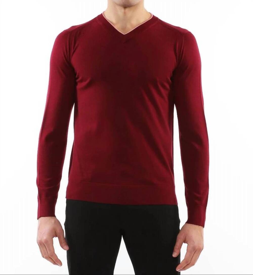 NEW POSTMARC contrast v-neck lightweight fine knit wool sweater in wine/punch